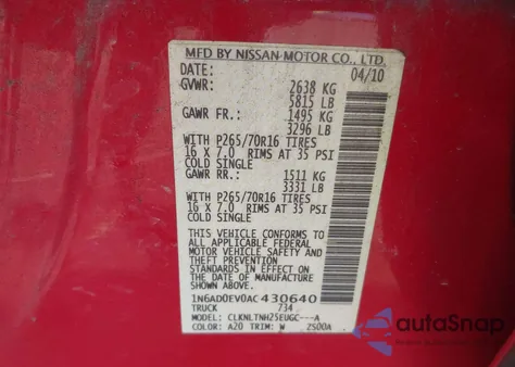 2010 Nissan Frontier Se z USA, uszkodzony, nr VIN 1N6AD0EV0AC430640